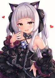 Rule 34 | 1girl, absurdres, animal ear fluff, animal ears, arata (xin), bare shoulders, black dress, black ribbon, blunt bangs, blush, cat ears, collar, collarbone, detached sleeves, dress, fang, frilled collar, frilled dress, frills, gothic lolita, hair ribbon, halterneck, heart, highres, hololive, lolita fashion, long hair, looking at viewer, murasaki shion, murasaki shion (gothic lolita), open mouth, ribbon, silver hair, simple background, smile, smug, solo, twintails, upper body, virtual youtuber, white background, yellow eyes