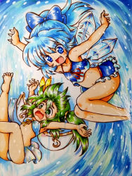 Rule 34 | 2girls, arms up, blue eyes, blue hair, bow, cirno, daiyousei, fallen down, fang, green eyes, green hair, hair bow, ice, ice wings, marker (medium), multiple girls, ponytail, side ponytail, surfing, tears, touhou, traditional media, vu (oyavun), waves, wavy mouth, wings