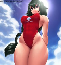 Rule 34 | 1girl, asui tsuyu, bare shoulders, black eyes, boku no hero academia, breasts, cleavage, covered erect nipples, covered navel, curvy, green hair, highres, large breasts, lifeguard, light smile, long hair, looking at viewer, solo, standing, swimsuit, thick thighs, thighs, tongue, tongue out, twistedscarlett60, wide hips