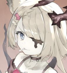 Rule 34 | 1girl, animal ears, bare shoulders, blonde hair, blue eyes, borrowed character, brown background, brown choker, brown neckwear, chimera (toridamono), choker, closed mouth, collarbone, fang, hair ornament, hair over one eye, hairclip, highres, horns, looking at viewer, original, portrait, ryou (ponpgo), short hair, sketch, smile, solo, upper body