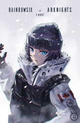 Rule 34 | 1girl, absurdres, arknights, artist name, black hair, blue eyes, breath, canadian flag, character name, chinese commentary, coat, copyright name, frost (rainbow six siege), fur-trimmed coat, fur trim, gloves, hand up, highres, long sleeves, military, mole, mole under eye, rainbow six siege, short hair, snow, snowing, solo, tactical clothes, vest, woollen cap, yuan long