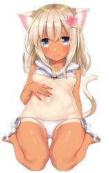 Rule 34 | 10s, 1girl, absurdres, animal ears, blonde hair, blush, breasts, cat ears, cat tail, flower, go-1, grey eyes, hair between eyes, hair flower, hair ornament, hand on own stomach, highres, kantai collection, long hair, navel, no socks, one-piece tan, panties, pink flower, ro-500 (kancolle), sailor collar, sailor shirt, sandals, shirt, simple background, sleeveless, sleeveless shirt, smile, solo, tail, tan, tanline, underboob, underwear, white background, white panties, white sailor collar