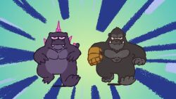 Rule 34 | abs, animated, ape, audible music, b.e.a.s.t. glove, chibi, crossover, dinosaur, electroshock weapon, emphasis lines, fangs, gauntlets, glowing, glowing eyes, glowing spikes, godzilla, godzilla (series), godzilla and kong running (meme), godzilla evolved, godzilla x kong: the new empire, gorilla, highres, kaijuu, king kong, king kong (series), legendary pictures, meme, monster, monsterverse, muscular, muscular male, no humans, parody, pectorals, pink eyes, running, scar, scar on chest, sharp teeth, sound, spongebob squarepants (series), steve ly, tail, teeth, toho, video, weapon