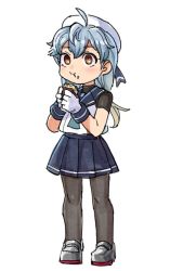 Rule 34 | 1girl, :i, aqua hair, black pantyhose, blonde hair, blue sailor collar, blue skirt, commentary request, eating, food, food on face, full body, gloves, gradient hair, hat, holding, holding food, kantai collection, long hair, low twintails, mizoki kei, multicolored hair, pantyhose, pleated skirt, roasted sweet potato, sado (kancolle), sailor collar, school uniform, serafuku, simple background, skirt, solo, standing, sweet potato, twintails, undershirt, white background, white gloves, white hat