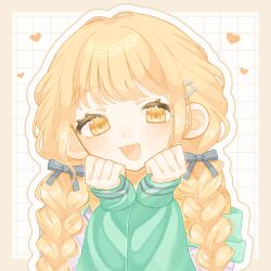 1girl :3 blonde_hair blush border braid clenched_hands commentary_request dot_nose fang fujita_kotone gakuen_idolmaster green_jacket grey_ribbon grid_background hair_ornament hair_ribbon hands_on_own_cheeks hands_on_own_face hands_up heart highres hitose_rei hood hood_down hooded_jacket idolmaster jacket long_hair long_sleeves open_mouth orange_border outline outside_border portrait puffy_long_sleeves puffy_sleeves ribbon simple_background sleeves_past_wrists solo tongue twin_braids twitter_username white_background white_outline yellow_eyes