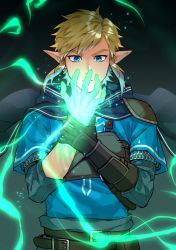 Rule 34 | 1boy, amagosi, armor, belt, blonde hair, blue eyes, blue tunic, brown gloves, chainmail, closed mouth, commentary request, energy, frown, gloves, hand on own wrist, highres, link, looking down, male focus, nintendo, pointy ears, short hair, shoulder pads, single shoulder pad, solo, strap, the legend of zelda, the legend of zelda: breath of the wild, the legend of zelda: tears of the kingdom, upper body