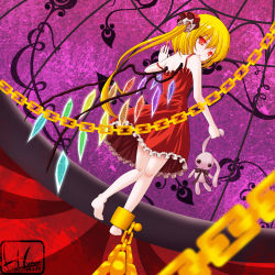 Rule 34 | 1girl, alternate costume, bad id, bad pixiv id, bare arms, barefoot, blonde hair, rabbit, chain, dress, female focus, flandre scarlet, frills, from behind, highres, holylunar, looking at viewer, looking back, no headwear, no headwear, red dress, red eyes, sleeveless, sleeveless dress, solo, stuffed animal, stuffed rabbit, stuffed toy, touhou, wings
