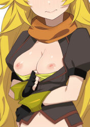 Rule 34 | 1girl, black gloves, blonde hair, blush, breast focus, breasts, breasts out, closed mouth, female focus, fingerless gloves, gloves, head out of frame, highres, long hair, looking at viewer, medium breasts, morisobo, navel, nipples, pulled by self, rwby, simple background, solo, standing, white background, yang xiao long