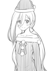 Rule 34 | 10s, 1girl, alternate costume, bare shoulders, blush, greyscale, hat, kantai collection, kiyoshimo (kancolle), long hair, looking at viewer, monochrome, nakamura kusata, pom pom (clothes), santa hat, smile, solo, twintails