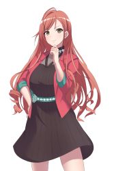 Rule 34 | 1girl, arisugawa natsuha, belt, black dress, breasts, cleavage, dress, earrings, green belt, hand on own face, highres, idolmaster, idolmaster shiny colors, jacket, jewelry, kakikorori, large breasts, long hair, looking at viewer, necklace, red hair, red jacket, see-through, short dress, simple background, smile, solo, standing, white background, yellow eyes