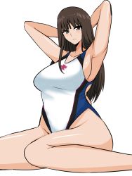 Rule 34 | 1girl, armpits, arms behind head, arms up, bare shoulders, breasts, brown eyes, brown hair, competition swimsuit, cross, emblem, girls und panzer, hifumi hajime, highres, iron cross, long hair, mature female, nishizumi shiho, one-piece swimsuit, school swimsuit, sitting, solo, swimsuit, thighs, wariza, white background