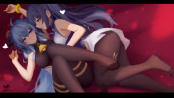 Rule 34 | 2girls, absurdres, arm up, artist name, ass, bare arms, bare shoulders, bell, black bodysuit, black pantyhose, blue hair, bodysuit, breasts, commentary, dress, ganyu (genshin impact), genshin impact, hair between eyes, heart, highres, horns, keqing (genshin impact), letterboxed, long hair, lying, medium breasts, multiple girls, on back, on side, pantyhose, purple dress, purple eyes, purple hair, shimmer, signature, symbol-only commentary, very long hair, yuri