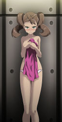 Rule 34 | 1girl, bare arms, bare legs, bare shoulders, blush, brown hair, closed mouth, collarbone, creatures (company), crying, crying with eyes open, game freak, green eyes, highres, holding, holding clothes, long hair, looking at viewer, nintendo, panties, pokemon, pokemon xy, shauna (pokemon), solo, standing, tears, topless, tsukishiro saika, twintails, underwear, underwear only, v-shaped eyebrows, white panties