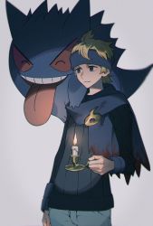 Rule 34 | 1boy, arm at side, bad id, bad twitter id, black sweater, blonde hair, candle, candlestand, closed mouth, commentary request, creatures (company), fire, game freak, gen 1 pokemon, gengar, headband, holding, long sleeves, male focus, morty (pokemon), nintendo, pants, pokemon, pokemon (creature), pokemon hgss, scarf, sekaiitinoki, sweater