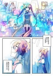 Rule 34 | 1girl, absurdres, ahoge, art gallery, bare shoulders, blue hair, comic, cowboy shot, detached sleeves, drawing, drawings, faceless, faceless female, from behind, from side, hair flip, hair ornament, hatsune miku, headphones, highres, leaning forward, long hair, looking at viewer, necktie, paper, parted lips, profile, shirayuki towa, shirt, skirt, sleeveless, sleeveless shirt, smile, translated, twintails, very long hair, vocaloid