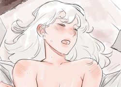 Rule 34 | 1girl, blush, breasts, cleavage, closed eyes, collarbone, long hair, lying, milfcookiesimp, on back, on bed, open clothes, open mouth, open shirt, orgasm, original, portrait, sketch, sweat, upper body, white hair