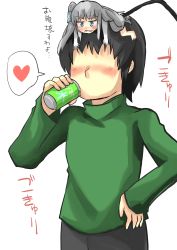 Rule 34 | 1boy, 1girl, artist self-insert, barefoot, black hair, cable, can, commentary, drink can, drinking, faceless, faceless male, gaoo (frpjx283), hair ribbon, heart, highres, mini person, minigirl, on head, original, ribbon, side ponytail, soda can, spoken heart, tablet-tan, translation request, white hair