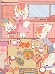 Rule 34 | 1girl, 4boys, animal hands, animal nose, apple rabbit, apron, artist name, back bow, bandaid, bandaid on face, bandaid on nose, blue pants, blush, blush stickers, body fur, bow, bowl, bright pupils, brown fur, buck teeth, carrot print, child, chopsticks, cinderace, closed eyes, closed mouth, clothed pokemon, creatures (company), cup, drawstring, dress, drink, ears down, eye contact, family, faucet, flat color, food, food art, food print, from behind, from side, furry, furry female, furry male, game freak, gen 8 pokemon, hand up, hands up, happy, headband, highres, holding, holding plate, hood, hood down, hooded jacket, indoors, jacket, kiki (431642), leaning forward, long sleeves, looking at another, looking back, looking down, looking up, matching hair/eyes, multiple boys, nintendo, open mouth, pants, pink apron, pink bow, pink dress, plate, pokemon, pokemon (creature), profile, purple sweater, rabbit boy, rabbit ears, rabbit girl, rabbit tail, raboot, red eyes, red hair, red headband, red shirt, red shorts, rice, salad, scorbunny, shirt, short dress, short hair, shorts, skewer, sleeping, smile, sweater, teeth, turtleneck, turtleneck sweater, twitter username, u u, watermark, white fur, white jacket, white pupils, window