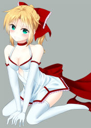 Rule 34 | 1girl, arm support, blonde hair, bow, braid, breasts, choker, cleavage, clenched teeth, collarbone, dress, dress bow, fate/grand order, fate (series), green eyes, hair bow, high heels, highres, mordred (fate), mordred (fate/apocrypha), official alternate costume, sitting, small breasts, teeth, tendon0922, thighhighs, wariza