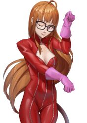 Rule 34 | 1girl, ;p, absurdres, ahoge, black-framed eyewear, bodysuit, breasts, brown hair, cat tail, closed mouth, cosplay, cowboy shot, glasses, gloves, highres, long hair, looking at viewer, one eye closed, persona, persona 5, purple gloves, red bodysuit, sakura futaba, simple background, small breasts, solo, tail, takamaki anne, takamaki anne (cosplay), thigh gap, tongue, tongue out, very long hair, white background, x xith x, zipper