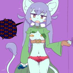 Rule 34 | animal ears, bandaid, bandaids on nipples, belt, blush stickers, bottle, breasts, cat, fang, furry, heart, heart-shaped pupils, heavy breathing, lactation, looking at viewer, no bra, open mouth, pasties, purple background, purple hair, pussy juice, saliva, sex, simple background, symbol-shaped pupils, the amboina, yellow eyes