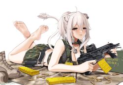 Rule 34 | .300 aac blackout, 1girl, ahoge, alternate costume, ammunition, ammunition box, animal collar, animal ear fluff, animal ears, armpit crease, artist name, assault rifle, bare legs, barefoot, belt, black belt, black nails, blush, boots, breasts, brown footwear, bullet, camouflage, camouflage skirt, cartridge, casino (casinoep), cleavage, collar, collarbone, crossed legs, cz 75, dog tags, double-parted bangs, ear piercing, eyelashes, feet, feet up, full body, fur trim, green vest, grey eyes, grey hair, gun, hair between eyes, handgun, holding, holding gun, holding weapon, hololive, holster, holstered, intermediate cartridge, large breasts, legs, lion ears, lion girl, lion tail, long hair, looking at viewer, lying, magazine (weapon), miniskirt, nail polish, on ground, on stomach, optical sight, partially unzipped, piercing, pleated skirt, ponytail, rifle, rifle cartridge, shishiro botan, sidelocks, sig mcx, simple background, skirt, soles, solo, tail, the pose, toe scrunch, toes, tongue, tongue out, trigger discipline, twitter username, unworn boots, vest, virtual youtuber, weapon, white background