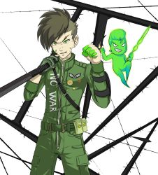 Rule 34 | 2boys, asymmetrical hair, barbed wire, belt, blood, blood on face, brown hair, colored skin, earrings, ememtrp, facial mark, floating, green eyes, green skin, highres, jewelry, looking at viewer, multiple boys, nanashi (megami tensei), navarre, non-web source, pale skin, pilot suit, self-upload, shin megami tensei, shin megami tensei iv final, single earring, standing, sword, tattoo, text background, uniform, utility belt, weapon