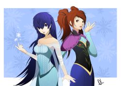 Rule 34 | 2girls, anna (frozen), anna (frozen) (cosplay), atlus, blue eyes, blue hair, breasts, brown eyes, brown hair, cosplay, dh (brink of memories), disney, dress, elsa (frozen), elsa (frozen) (cosplay), frozen (disney), hair between eyes, kujikawa rise, long hair, md5 mismatch, medium breasts, multiple girls, persona, persona 4, persona x detective, shirogane naoto, signature, snowflakes, strapless, strapless dress, twintails, very long hair