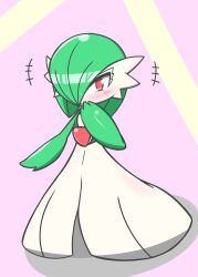 Rule 34 | +++, 1girl, absurdres, blush, bob cut, closed mouth, colored eyelashes, colored skin, creatures (company), female focus, flat chest, full body, game freak, gardevoir, gen 3 pokemon, green hair, green skin, hair over one eye, hand to own mouth, hand up, happy, highres, looking at viewer, multicolored skin, nintendo, one eye covered, pink background, pokemon, pokemon (creature), red eyes, sasada (ssd ng), short hair, simple background, smile, solo, standing, two-tone skin, white skin
