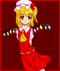 Rule 34 | 1girl, bad anatomy, bad id, bad pixiv id, blonde hair, embodiment of scarlet devil, female focus, flandre scarlet, flat chest, hat, poorly drawn, side ponytail, simple background, solo, touhou, tsunderella, wings