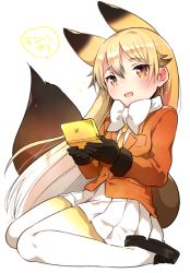 Rule 34 | 10s, 1girl, animal ears, black gloves, blonde hair, blush, bow, bowtie, ezo red fox (kemono friends), fox ears, fox tail, gloves, hair between eyes, handheld game console, ichihaya, jacket, kemono friends, loafers, long hair, long sleeves, looking at viewer, multicolored hair, necktie, nintendo ds, pantyhose, playing games, pleated skirt, shoes, simple background, sitting, skirt, solo, tail, wariza, white background, yellow eyes