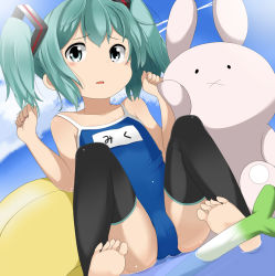 Rule 34 | 1girl, aqua eyes, aqua hair, bad id, bad pixiv id, barefoot, child, competition school swimsuit, feet, hatsune miku, looking at viewer, name tag, one-piece swimsuit, school swimsuit, short hair, short twintails, sitting, soles, solo, stuffed animal, stuffed toy, swimsuit, tamakorogashi, tears, thighhighs, toeless legwear, toes, twintails, vocaloid, water, aged down