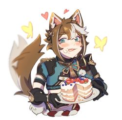 Rule 34 | 1boy, animal ears, aqua eyes, asymmetrical sleeves, birthday cake, black gloves, blueberry, blush, brown hair, bug, butterfly, cake, cream, cream on face, dog boy, dog ears, dog tail, eyeliner, food, food on face, fruit, genshin impact, gloves, gorou (genshin impact), hair ornament, highres, holding, holding plate, insect, japanese clothes, licking lips, lilyglazed, looking at viewer, multicolored hair, plate, red eyeliner, short hair, strawberry, tail, tongue, tongue out, two-tone hair, white hair