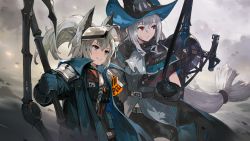Rule 34 | 2girls, absurdly long hair, alchemaniac, arknights, black gloves, black headwear, blue gloves, closed mouth, game cg, gloves, grani (arknights), grey hair, grin, hat, long hair, looking away, multiple girls, official art, parted lips, purple eyes, red eyes, skadi (arknights), smile, very long hair, witch hat