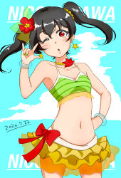 Rule 34 | 1girl, :o, artist name, artist request, bare legs, bare shoulders, bikini, bikini skirt, black hair, blush, bow, bracelet, breasts, cleavage, collarbone, earrings, female focus, floating hair, flower, green bikini, green nails, hair bobbles, hair bow, hair flower, hair ornament, hand on own hip, hibiscus, highres, jewelry, long hair, looking at viewer, love live!, love live! school idol project, morita49c, nail polish, nails, natsuiro egao de 1 2 jump!, navel, necklace, nico nico nii, pearl necklace, red bow, red eyes, red flower, short hair, small breasts, smile, solo, star (symbol), star earrings, striped bikini, striped clothes, swimsuit, twintails, yazawa nico