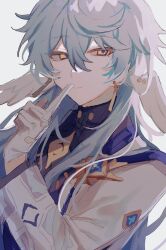 Rule 34 | 1boy, black shirt, blue hair, blue pupils, closed mouth, dangle earrings, earrings, finger to mouth, gloves, head wings, highres, honkai: star rail, honkai (series), inagoinaire, jacket, jewelry, long hair, long sleeves, looking at viewer, male focus, orange eyes, shirt, simple background, smile, solo, straight hair, sunday (honkai: star rail), upper body, white background, white gloves, white jacket, wings