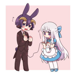 Rule 34 | 1boy, 1girl, alternate costume, animal ears, apron, aurora sya lis kaymin, bad id, bad pixiv id, black jacket, black pants, blue bow, blue dress, blue footwear, blunt bangs, blush stickers, bow, brown neckwear, chibi, closed mouth, collared dress, collared shirt, curled horns, demon boy, demon cleric, demon horns, demon tail, dress, fang, flying sweatdrops, formal, frilled apron, frills, hacha (hachaowo), hair between eyes, hair bow, holding tail, horns, jacket, kemonomimi mode, long hair, long sleeves, maou-jou de oyasumi, mary janes, necktie, open mouth, pants, pantyhose, pink background, puffy short sleeves, puffy sleeves, purple eyes, purple hair, rabbit boy, rabbit ears, rabbit tail, shirt, shoes, short sleeves, silver hair, standing, suit, sweat, tail, two-tone background, very long hair, white apron, white background, white pantyhose, white shirt