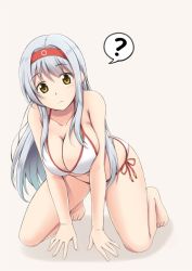Rule 34 | 10s, 1girl, ?, all fours, barefoot, bikini, breasts, breasts squeezed together, brown eyes, cleavage, frown, full body, fuuma nagi, hairband, halterneck, kantai collection, large breasts, long hair, looking at viewer, red hairband, shoukaku (kancolle), side-tie bikini bottom, simple background, solo, spoken question mark, string bikini, swimsuit, white background, white bikini, white hair, yellow eyes