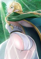 Rule 34 | 1girl, absurdres, ass, ass focus, blonde hair, blush, braid, breasts, cloak, elf, eltolinde (unicorn overlord), from behind, from below, fuyu no oka, green cloak, green eyes, highres, leotard, light rays, long hair, looking at viewer, outdoors, pointy ears, profile, see-through, see-through skirt, skirt, solo, thighs, tree, unicorn overlord, very long hair, white leotard