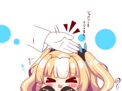 Rule 34 | &gt; &lt;, ^^^, 1girl, absurdres, azur lane, blonde hair, blush, chibi, disembodied hand, closed eyes, fang, hands up, highres, kalk (azur lane), kurukurumagical, long sleeves, multicolored hair, open mouth, sleeves past fingers, sleeves past wrists, solo focus, translated, two-tone hair, two side up, white hair