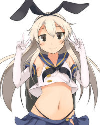 Rule 34 | 10s, 1girl, black eyes, black panties, blonde hair, blush, double v, elbow gloves, gloves, hairband, highleg, highleg panties, highres, kantai collection, long hair, looking at viewer, midriff, navel, panties, personification, sch, shimakaze (kancolle), simple background, skirt, solo, underwear, v, white background, white gloves