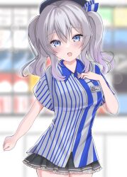 Rule 34 | 1girl, beret, black hat, black skirt, blue eyes, blurry, blurry background, blush, breasts, character name, employee uniform, frilled skirt, frills, grey hair, hat, highres, id card, kantai collection, kashima (kancolle), looking at viewer, open mouth, pleated skirt, purple hair, shirt, short sleeves, sidelocks, skirt, solo, striped clothes, striped shirt, twintails, uniform, vertical-striped clothes, vertical-striped shirt, yoshino (mfmfpng)