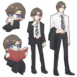 Rule 34 | 1boy, artem wing (tears of themis), belt, black footwear, black jacket, black necktie, black pants, blue eyes, book, brown hair, chibi, closed mouth, collared shirt, cup, formal, highres, holding, holding book, holding cup, jacket, long sleeves, looking at viewer, male focus, multiple views, necktie, open mouth, pants, remosea, shirt, short hair, simple background, tears of themis, white background, white shirt