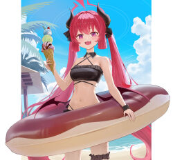 Rule 34 | 1girl, bare arms, bare legs, bare shoulders, beach, bikini, black bikini, black horns, blue archive, blush, breasts, brown wings, collarbone, cowboy shot, day, demon horns, demon wings, fangs, food, halo, highres, holding, holding food, horns, ice cream, innertube, junko (blue archive), long hair, navel, ocean, open mouth, outdoors, pointy ears, red eyes, red hair, red halo, small breasts, smile, solo, sunj000, swim ring, swimsuit, twintails, wings