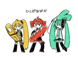 3girls ahoge akita_neru aqua_eyes aqua_hair baguette black_skirt blonde_hair boots bread cellphone detached_sleeves flip_phone food full_body hatsune_miku holding holding_food holding_phone kasane_teto kizuna_ne0 long_hair looking_at_viewer mini_person minigirl multiple_girls necktie phone red_eyes shirt short_hair side_ponytail simple_background skirt sleeveless sleeveless_shirt solid_eyes spring_onion standing thigh_boots translation_request triple_baka_(vocaloid) twintails utau vocaloid white_background white_shirt