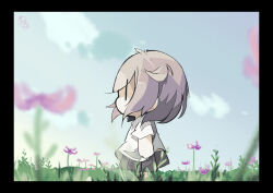 Rule 34 | 1girl, blue sky, chibi, commentary request, day, employee (project moon), flower, from side, grey skirt, highres, lobotomy corporation, original, outdoors, pleated skirt, project moon, purple flower, purple hair, shirt, shizunu, short hair, short sleeves, skirt, sky, solo, white shirt