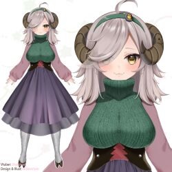 Rule 34 | 1girl, ahoge, animal legs, artist name, belt, breasts, character name, commission, eyes visible through hair, fangs, full body, green hairband, green sweater, grey hair, hair over one eye, hairband, high belt, highres, hooves, horizontal pupils, horns, indie virtual youtuber, large breasts, long hair, lyla sheepi, nikkie viore, pink nails, pink sleeves, purple skirt, sheep girl, sheep horns, skin fangs, skirt, solo, sweater, turtleneck, turtleneck sweater, virtual youtuber, yellow eyes