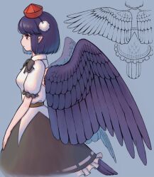 Rule 34 | 1girl, bird tail, bird wings, black hair, black ribbon, black skirt, black wings, blue background, channel ikihaji, character sheet, collared shirt, feathered wings, frilled skirt, frills, from side, hat, highres, pointy ears, pom pom (clothes), red eyes, red headwear, ribbon, shameimaru aya, shirt, skirt, tail, tokin hat, touhou, white shirt, wings