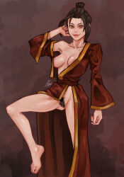 Rule 34 | 1girl, asmo deus, avatar: the last airbender, avatar legends, azula, bare shoulders, barefoot, black hair, breasts, brown eyes, closed mouth, collarbone, feet, female focus, female pubic hair, foot out of frame, gluteal fold, highres, leg up, lips, long sleeves, looking at viewer, medium breasts, nipple slip, nipples, no bra, no panties, off shoulder, open clothes, open robe, pubic hair, red robe, robe, short hair, signature, smile, solo, standing, standing on one leg, thighs, toes