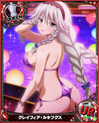 Rule 34 | 1girl, ass, blue bow, bow, braid, breasts, card (medium), chess piece, female focus, grayfia lucifuge, grey eyes, grey hair, hair bow, high school dxd, large breasts, long hair, looking at viewer, maid headdress, matching hair/eyes, mature female, official art, queen (chess), red lips, side-tie swimsuit, sideboob, smile, solo, thong, twin braids, underboob